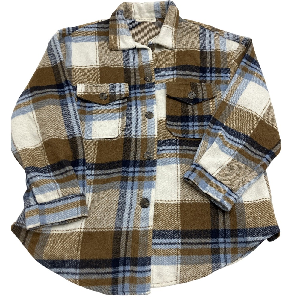 Urban Daizy Women Large Plaid Flannel Shacket Brown Blue Cozy Fall Layer Jacket